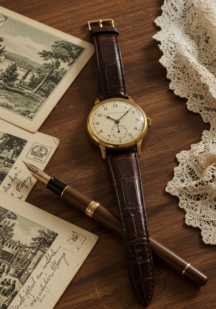 Close-up of a watch against wood and metal textures